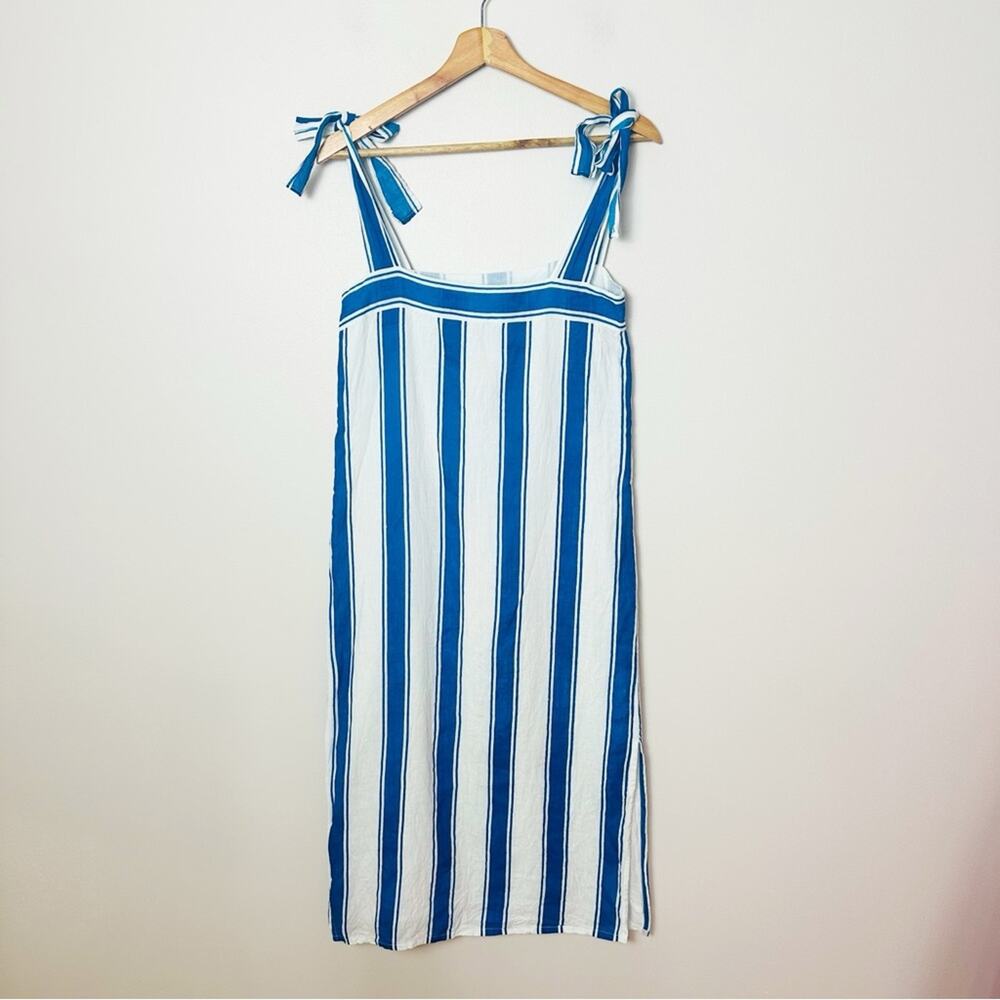 Olivia James The Label Striped Linen Dress Tie Shoulder Size XS Blue White - Picture 2 of 10